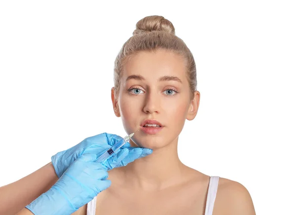 Beautiful Young Woman Receiving Injection Filler White Background — Stock Photo, Image