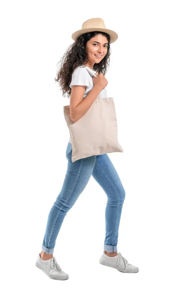 Beautiful Young Woman Eco Bag White Background — Stock Photo, Image