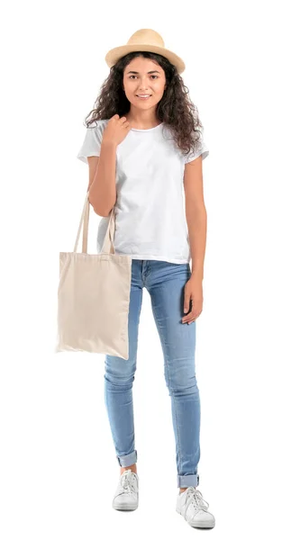 Beautiful Young Woman Eco Bag White Background — Stock Photo, Image