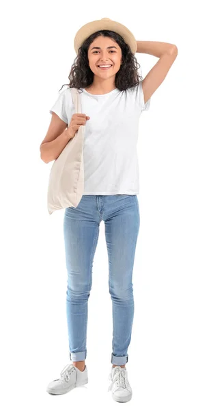 Mooie Jonge Vrouw Met Eco Tas Witte Achtergrond — Stockfoto