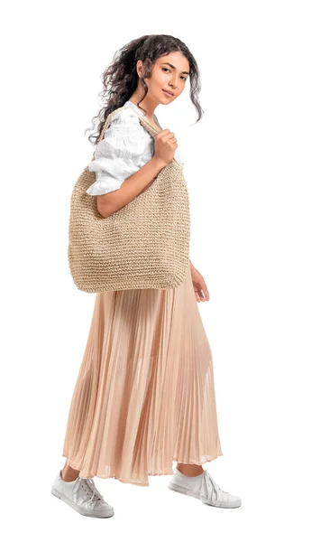 Belle Jeune Femme Avec Sac Écologique Sur Fond Blanc — Photo