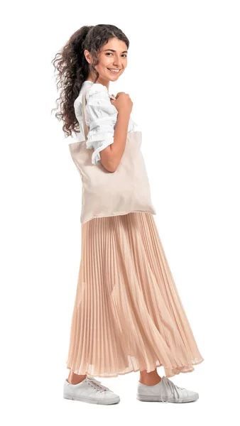 Schöne Junge Frau Mit Öko Tasche Auf Weißem Hintergrund — Stockfoto