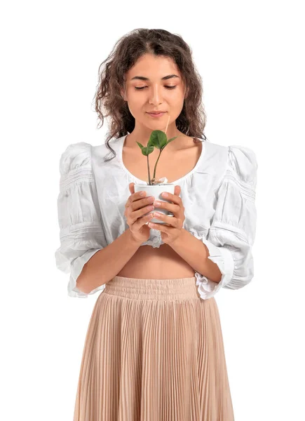 Schöne Junge Frau Mit Zimmerpflanze Auf Weißem Hintergrund — Stockfoto