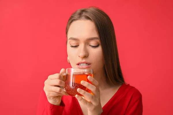 Beautiful Young Woman Cup Tea Color Background — Stock Photo, Image