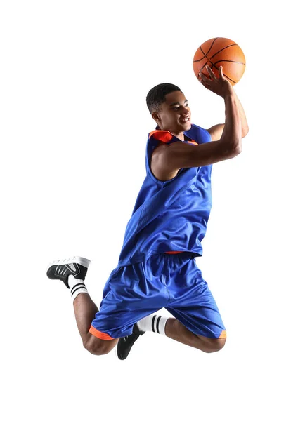 Saltando Jogador Basquete Afro Americano Fundo Branco — Fotografia de Stock