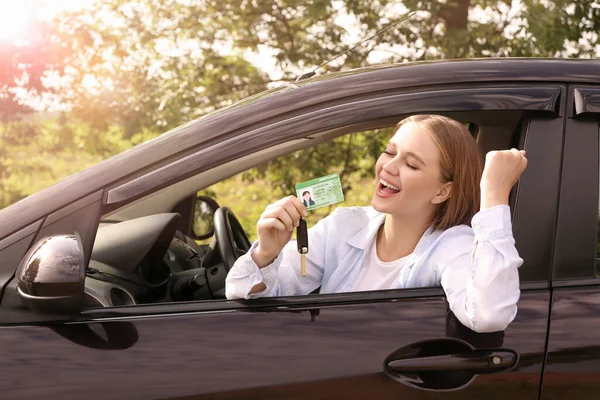 Happy Young Woman Successful Passing Driving License Test — Stock Photo, Image