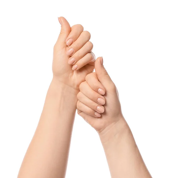 Handen Met Mooie Manicure Witte Achtergrond — Stockfoto