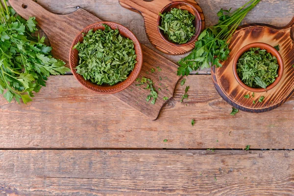 Bowls Dry Fresh Parsley Table — Stock Photo, Image