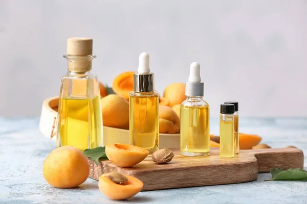 Bottles Apricot Essential Oil Table — Stock Photo, Image