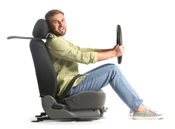 Young Man Steering Wheel Sitting Car Seat White Background — Stock Photo, Image