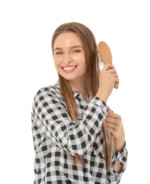 Young Woman Brushing Hair White Background — Stock Photo, Image