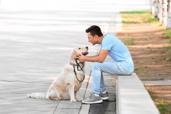 Young Man Cute Dog Walking Outdoors — Stock Photo, Image