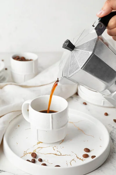 Woman Pouring Hot Coffee Pot Cup Table — Stock Photo, Image