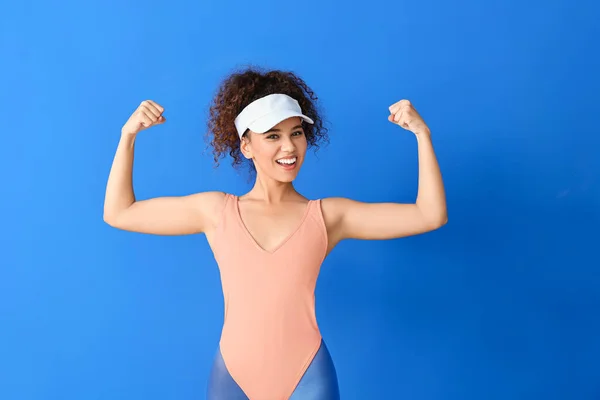 Young Woman Doing Aerobics Color Background — Stock Photo, Image