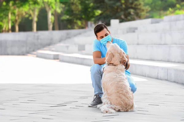 Young Man Protective Mask Cute Dog Walking Outdoors — Stock Photo, Image