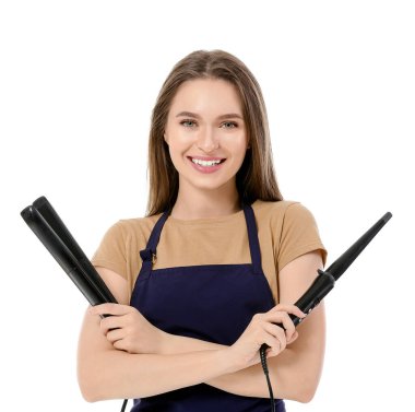 Beyaz arka planda kadın kuaför