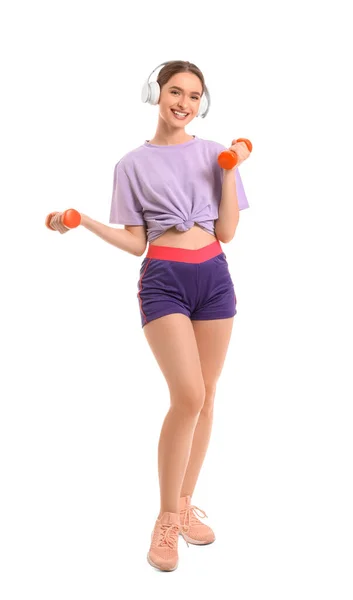 Mujer Joven Deportiva Con Auriculares Mancuernas Sobre Fondo Blanco —  Fotos de Stock