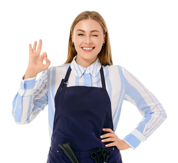 Female Hairdresser Showing Gesture White Background — Stock Photo, Image