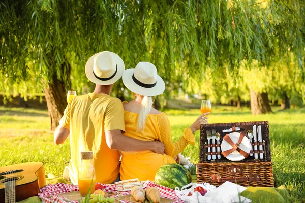 Glada Unga Par Picknick Parken — Stockfoto