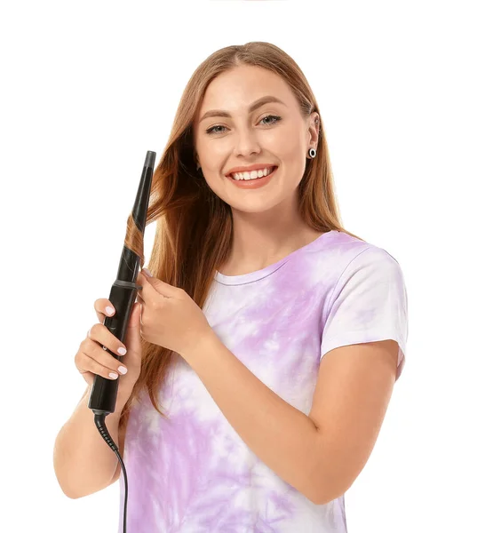 Jonge Vrouw Met Krultang Witte Achtergrond — Stockfoto
