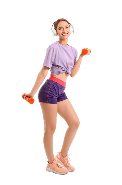 Mujer Joven Deportiva Con Auriculares Mancuernas Sobre Fondo Blanco — Foto de Stock