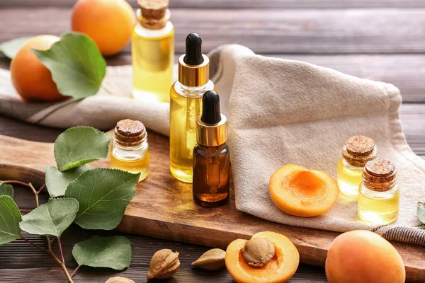 Bottles Apricot Essential Oil Table — Stock Photo, Image