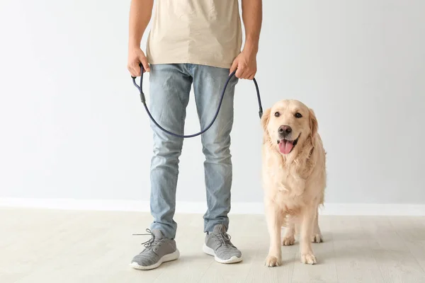 Young Man Cute Dog Indoors — Stock Photo, Image