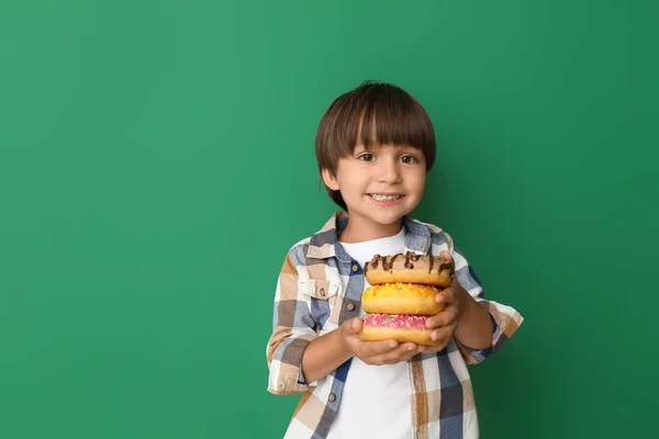 Funny Little Boy Donuts Color Background — Stock Photo, Image