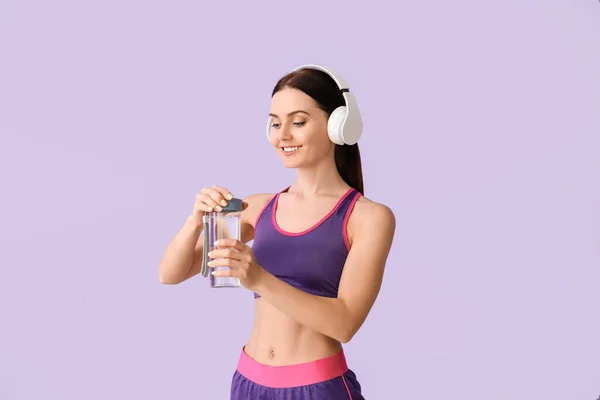 Sporty Young Woman Bottle Water Color Background — Stock Photo, Image