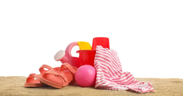 Ensemble Accessoires Plage Pour Enfants Sur Sable Sur Fond Blanc — Photo