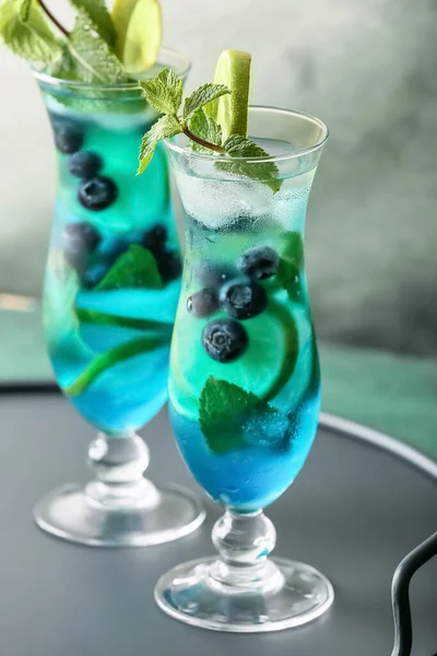 Glasses Tasty Blue Mojito Cocktail Color Background — Stock Photo, Image