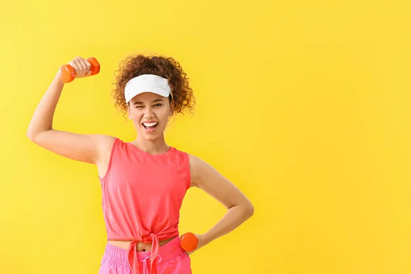 Young Woman Doing Aerobics Color Background — Stock Photo, Image