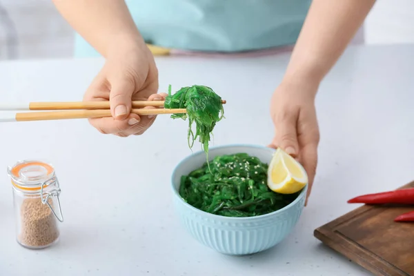 Woman Eating Tasty Seaweed Salad Table — Stock Photo, Image