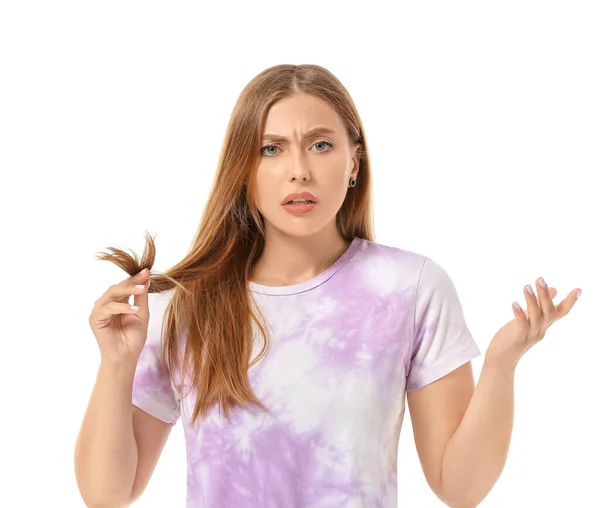 白い背景に髪の問題を持つストレスの女性 — ストック写真