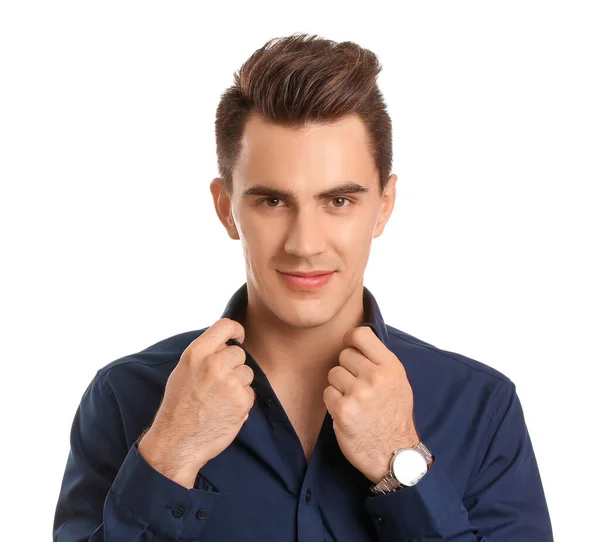 Handsome Man Stylish Hairdo White Background — Stock Photo, Image