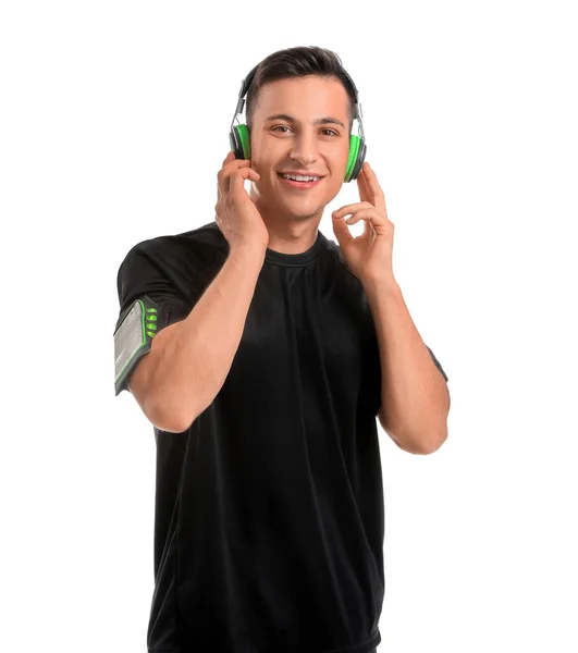 Sporty Young Man Headphones White Background — Stock Photo, Image