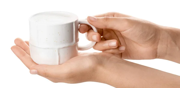 Жіночі Руки Чашкою Гарячої Кави Білому Тлі — стокове фото