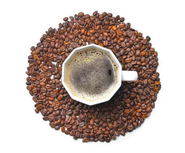 Kopje Hete Koffie Bonen Witte Achtergrond — Stockfoto