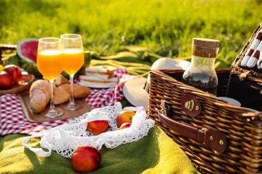 Parkta romantik piknik için içinde lezzetli yemekler ve içecekler olan sepet.