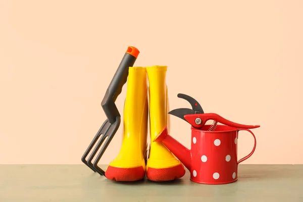 Gardening Tools Table Color Background — Stock Photo, Image