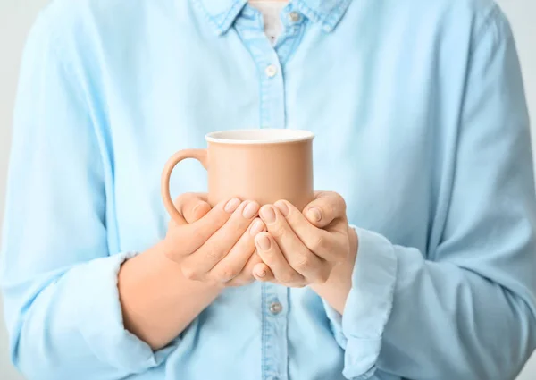 Woman Cup Hot Tea Home Closeup — Stock Photo, Image