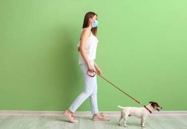 Koruyucu maskeli genç bir kadın ve sevimli bir köpek.