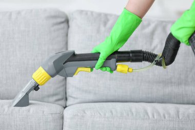 Kuru temizlemecinin çalışanı evdeki kanepedeki kiri temizliyor.