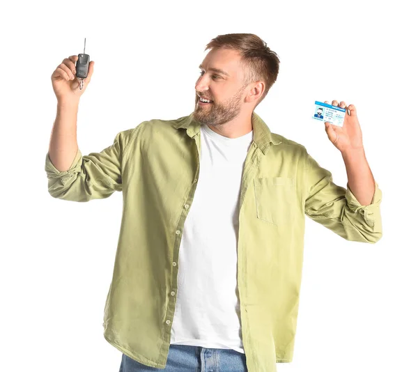 Happy Young Man Car Key Driving License White Background — Stock Photo, Image
