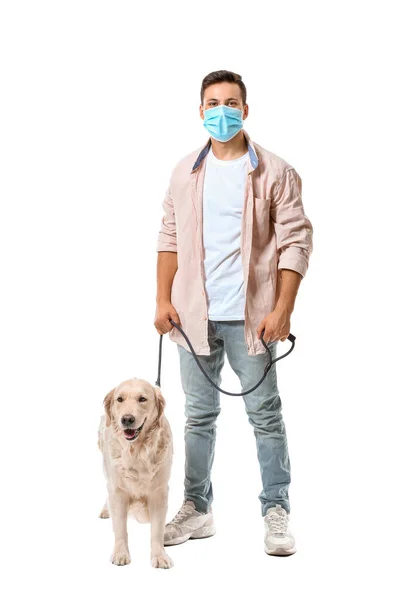 Young Man Protective Mask Cute Dog White Background — Stock Photo, Image