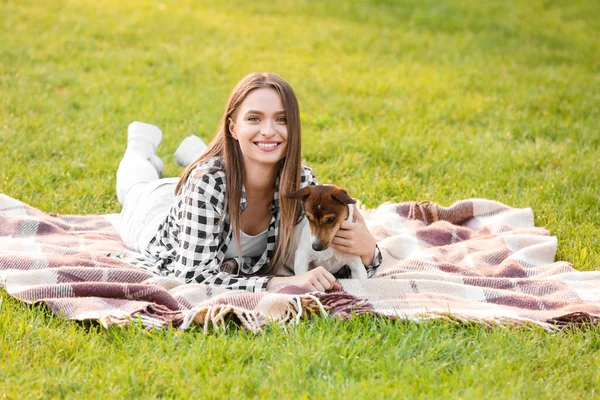 Young Woman Cute Dog Resting Park — Stock Photo, Image