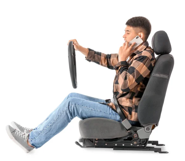 Asian Man Steering Wheel Mobile Phone Sitting Car Seat White — Stock Photo, Image