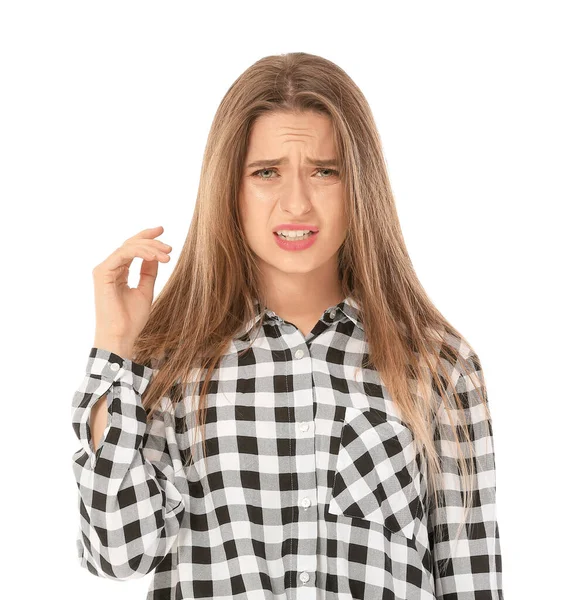 Donna Stressata Con Problemi Capelli Sfondo Bianco — Foto Stock