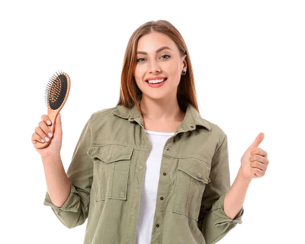 Mujer Joven Con Cepillo Pelo Mostrando Gesto Pulgar Hacia Arriba — Foto de Stock