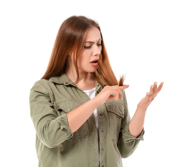 Stressed Woman Hair Problem White Background — Stock Photo, Image